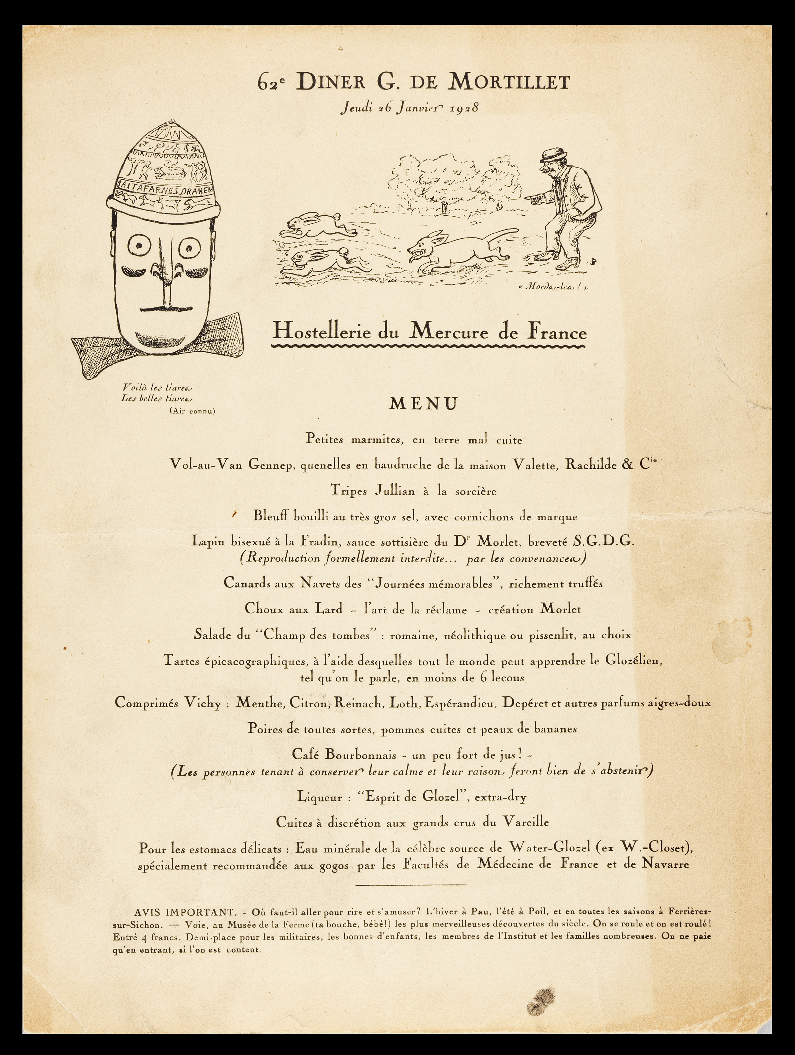 Menu du 62e Dîner G. de Mortillet, Société des excursions scientifiques, 1928