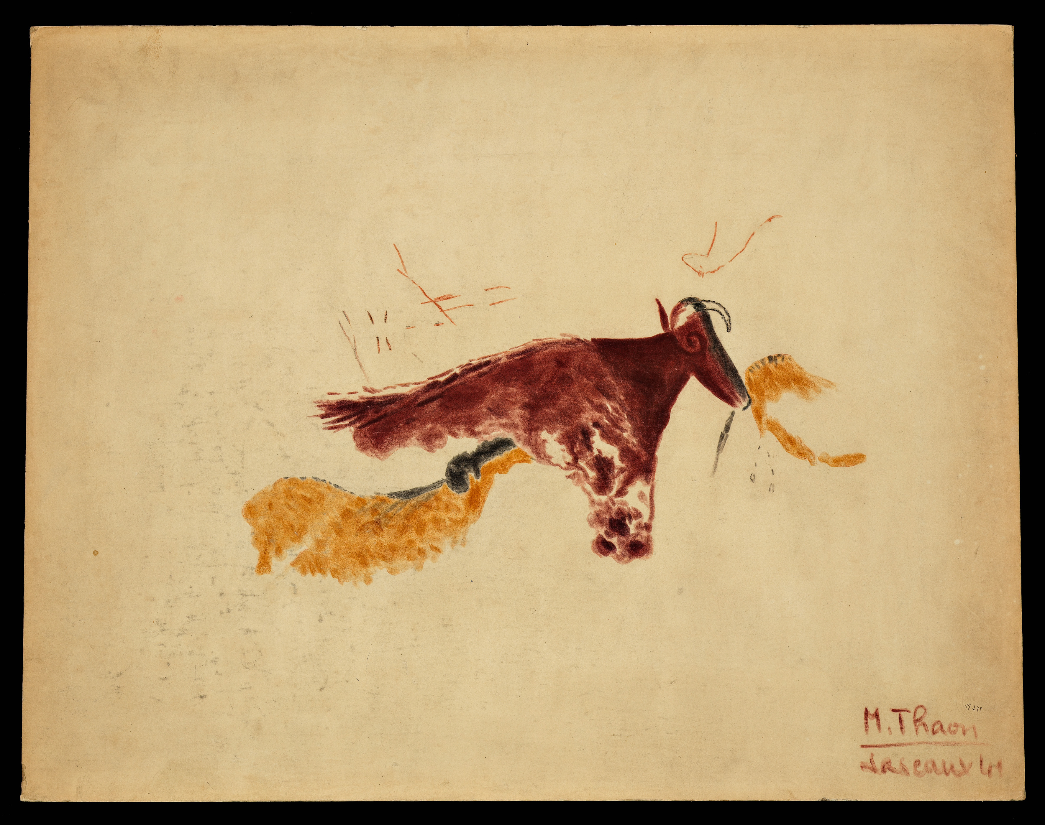 Relevé Lascaux - M. Thaon - Vache brun-rouge et cheval ocre jaune à crinière noire, signes ramifiés