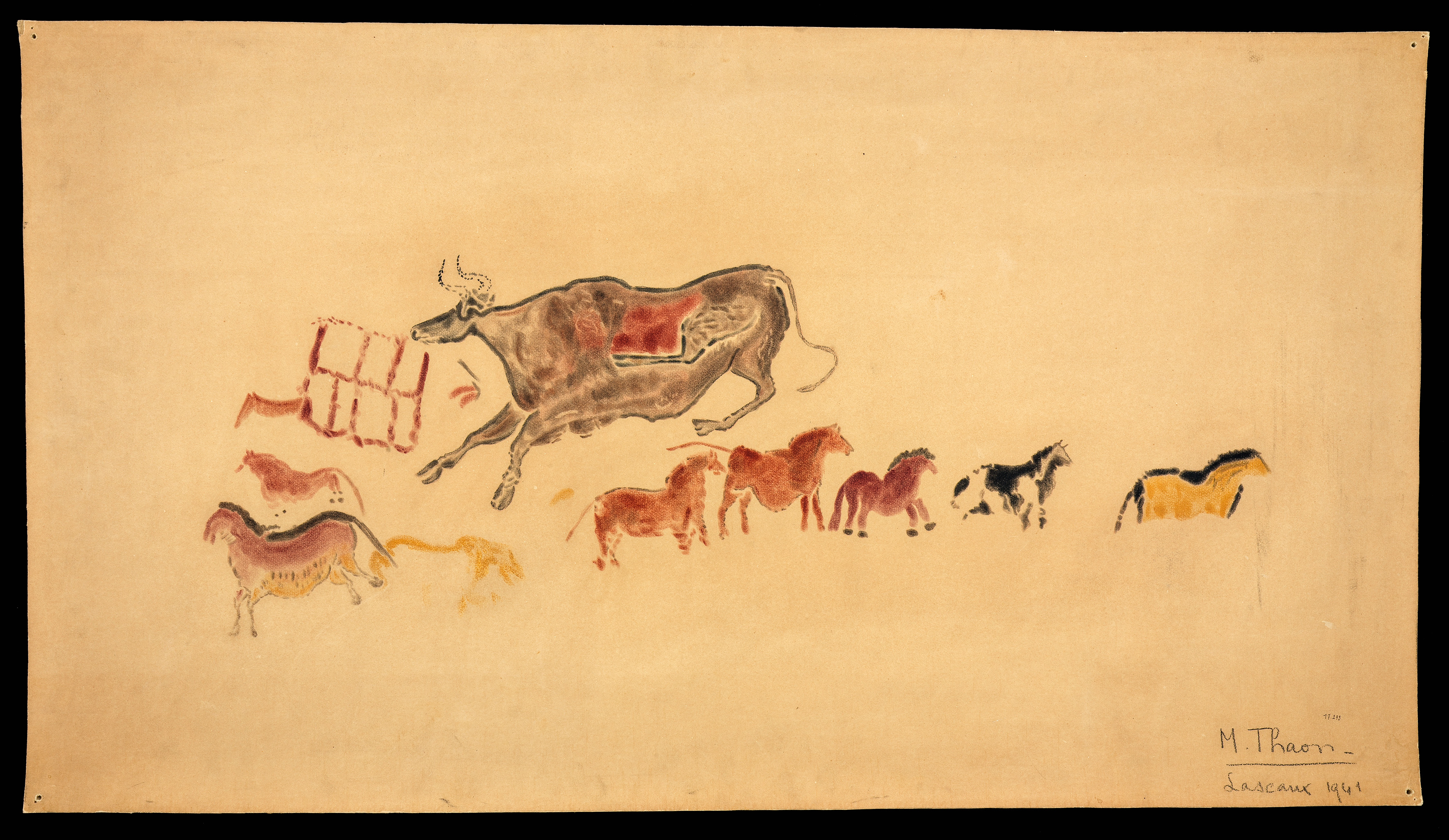 Relevé Lascaux - M. Thaon - Grande vache et frise de cinq petits chevaux, signe quadrangulaire et deux petits chevaux