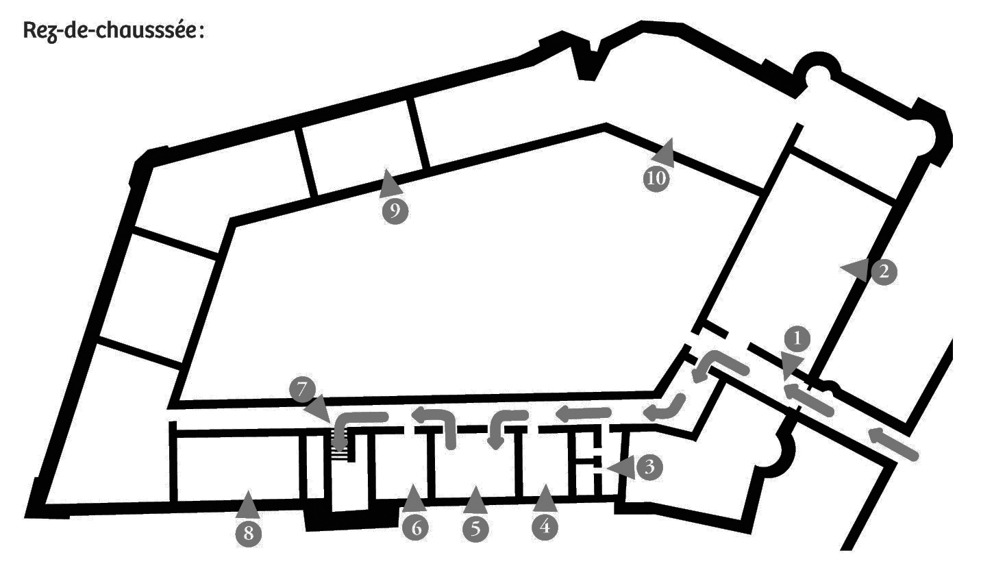 Plan des salles rez-de-chaussée. Les numéros commencent au milieu à droite et suivent le sens des aiguilles d’une montre, en forme d'hexagone.