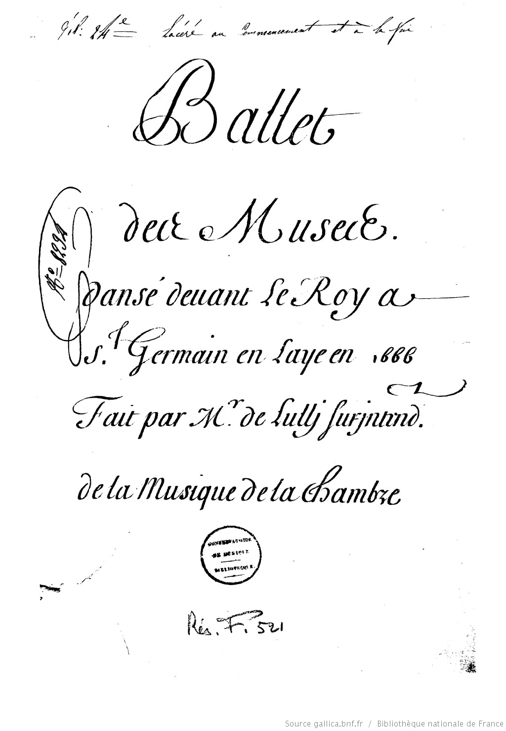 Page de garde du livret du ballet des muses composé par Lully
